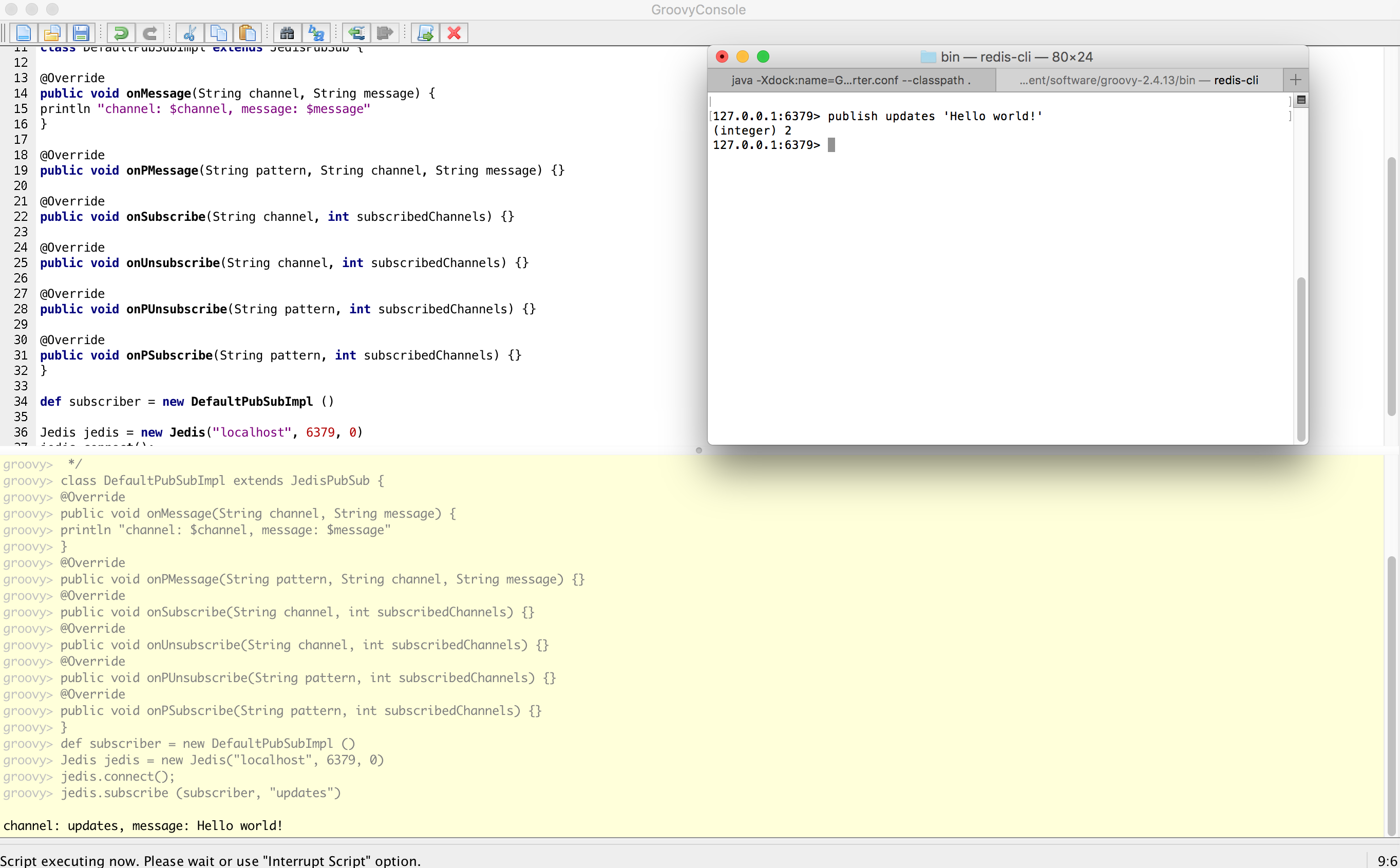 The Groovy Console demonstrating the example script with output.