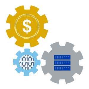 An orange sprocket with a dollar sign, a blue sprocket with binary, a grey sprocket with three servers.