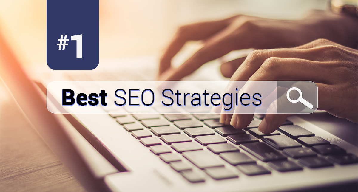 A laptop with someone's hands typing and "#1 Best SEO Strategies" in a search box.