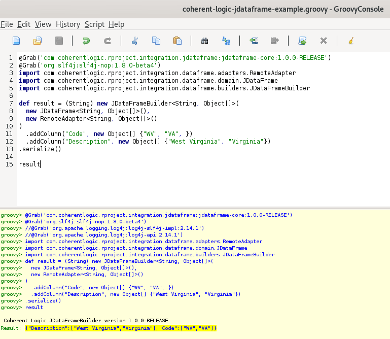An example of the Coherent Logic JDataFrame framework running in the Groovy console.